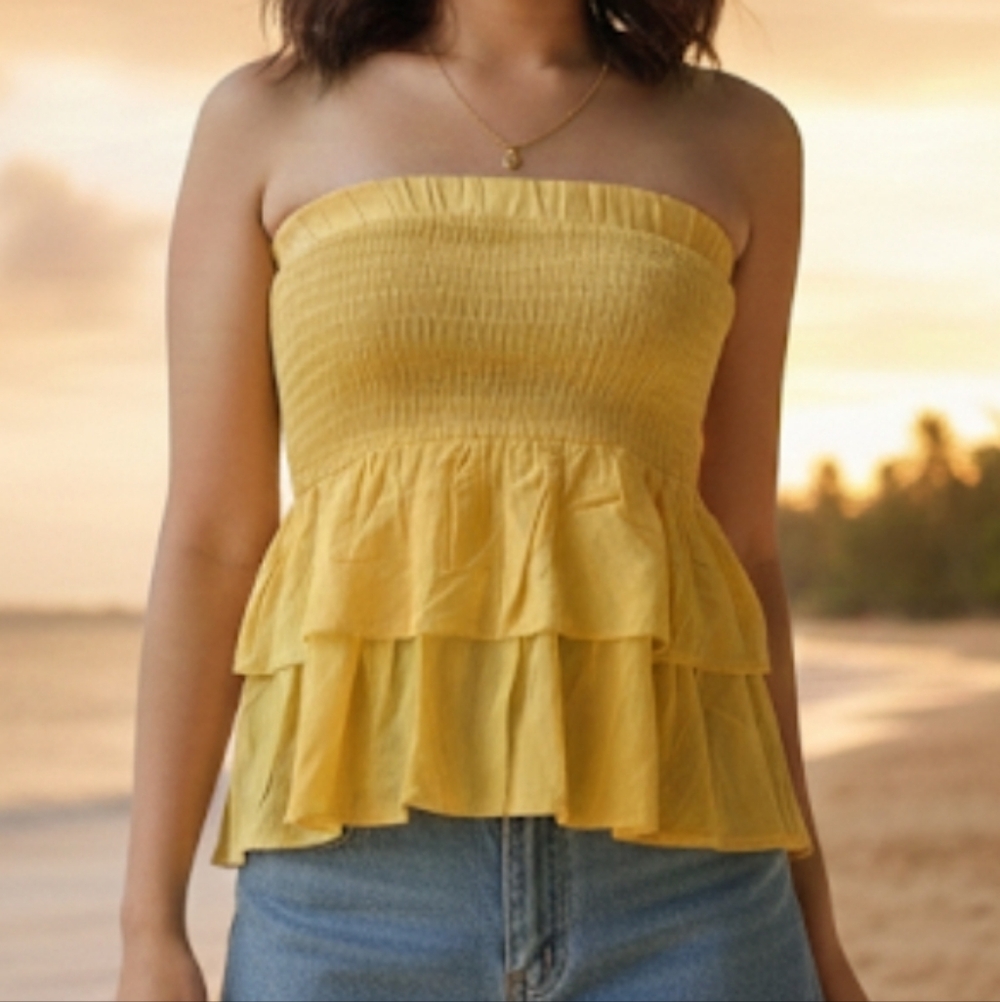 Ascot & Hart Yellow Stretch Flutter Tiered Skirt/ strapless Top shirred